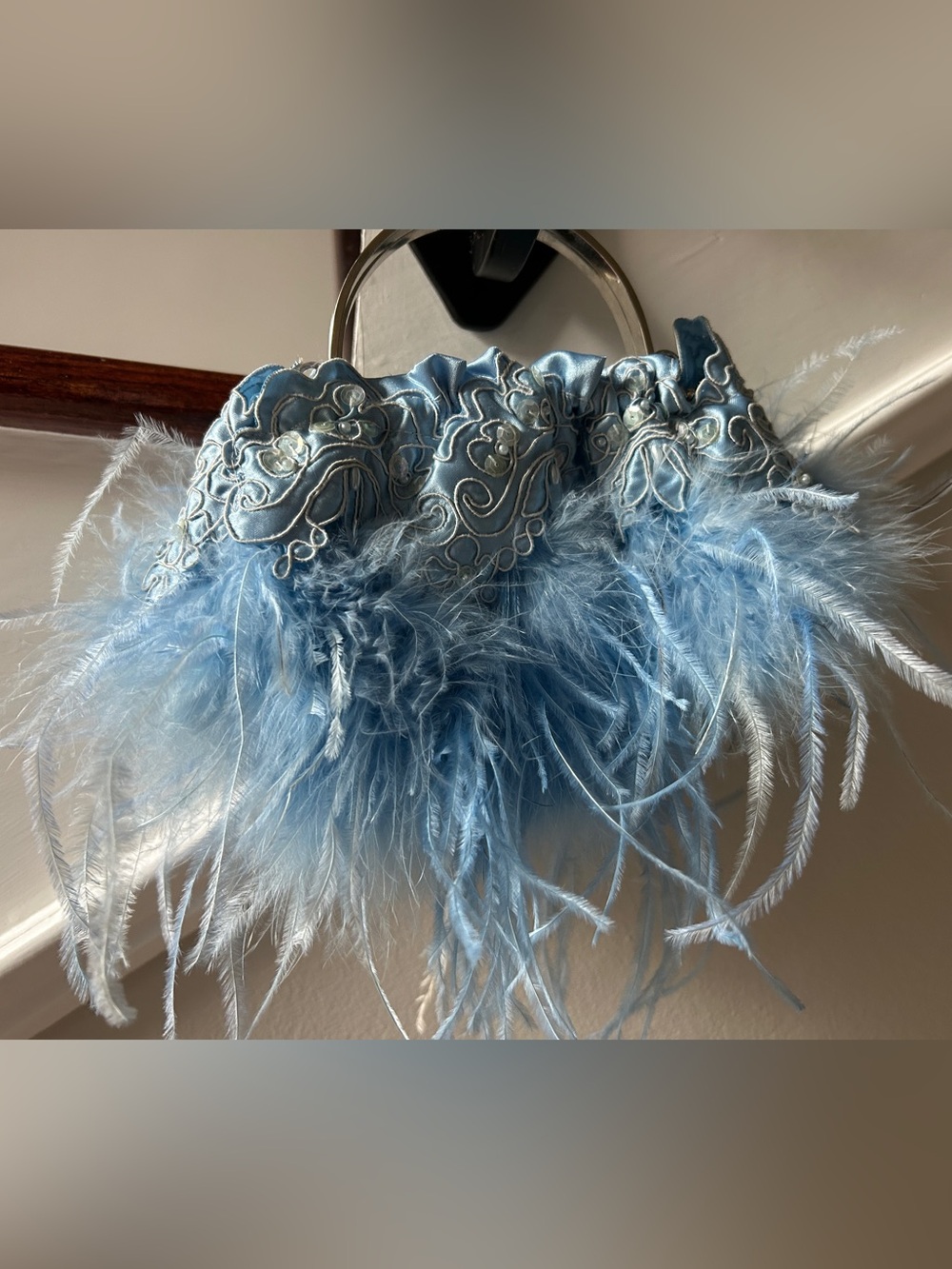 Light Blue Feather-Trim Mini women’s purse